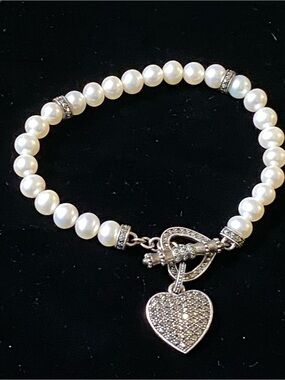 Cultured Pearls Bracelet with Sterling Silver Marcasite Pavé Heart Charm Toggle